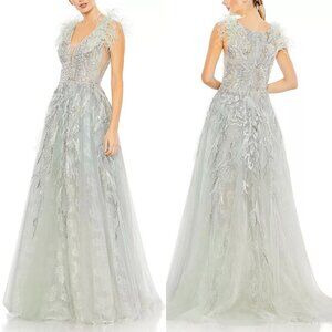 Mac Duggal Embellished Feathered Sleeveless A Line Gown